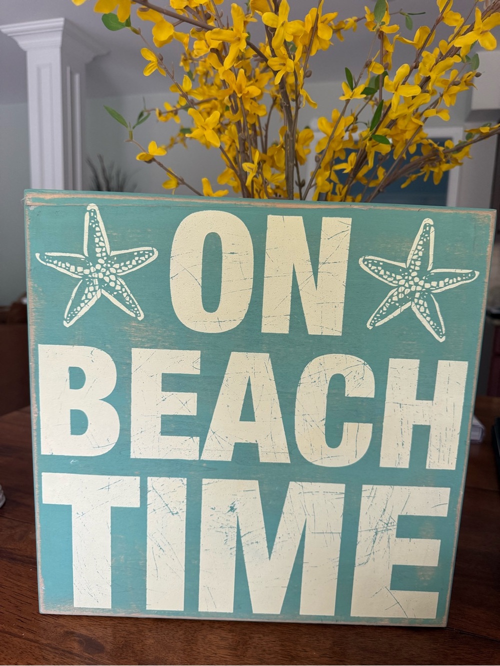 Hand Painted Shabby Chic Coastal 'On Beach Time' Wood Wall Shelf Sign Teal Cream